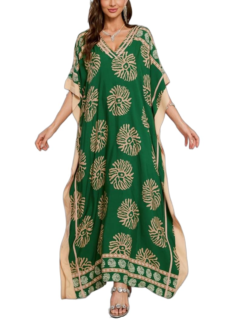 KECVOT Kaftan Dresses for Women V-Neck Print Swimsuit Cover Up Plus Size Beach Caftan Lounge Dress