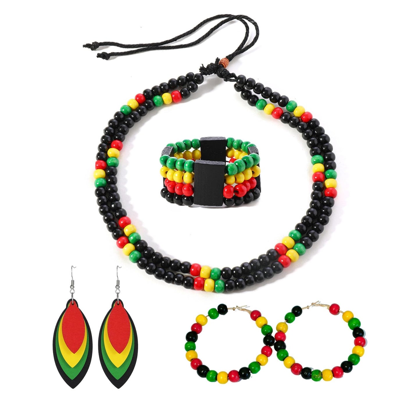 MALOYANVE 6 Pcs Juneteenth African Jewelry Set for Women Jamaican Wood Rasta Beaded Necklace and Bracelet Black History Month Dangle Earrings Jamaican Outfit Rastafari Pride Accessories