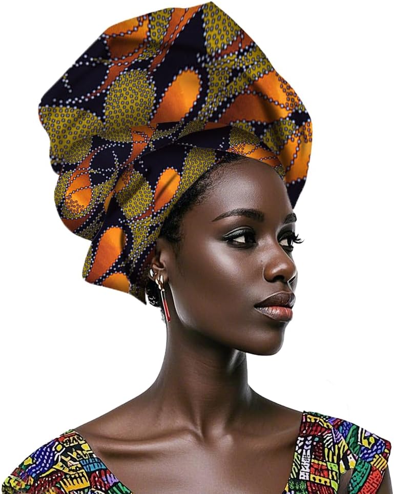 African Nigerian Style Printed Polyester Women'S Geometric Pattern Wax Printed Headscarf Shawl (004, Length 71in Width 21.7in)