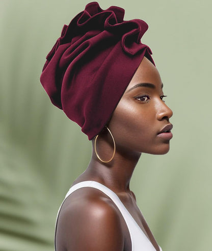Babalet Stretch Turban Hats for Women, African Double-Layered Headwraps Soft Pre Tied Pleated Ruffled Hat