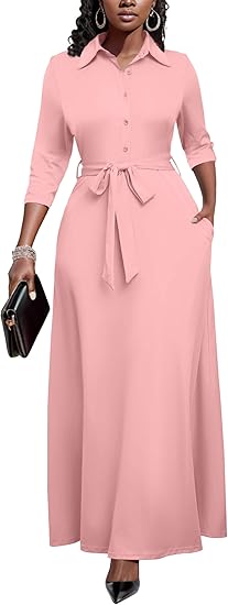 Runwind Women Church Maxi Dresses 3/4 Sleeve Button Down Print Casual Office Dress African
