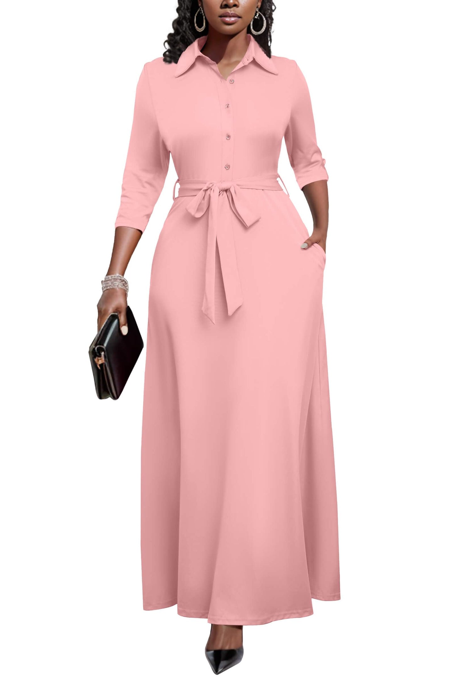 Runwind Women Church Maxi Dresses 3/4 Sleeve Button Down Print Casual Office Dress African