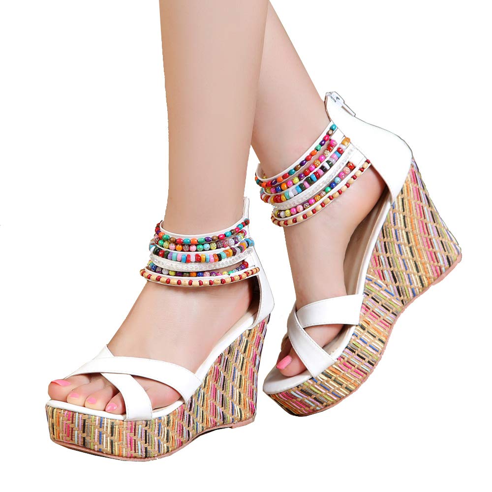 getmorebeauty Women's Wedge Sandals With Pearls Across The Top Platform Sandals High Heels