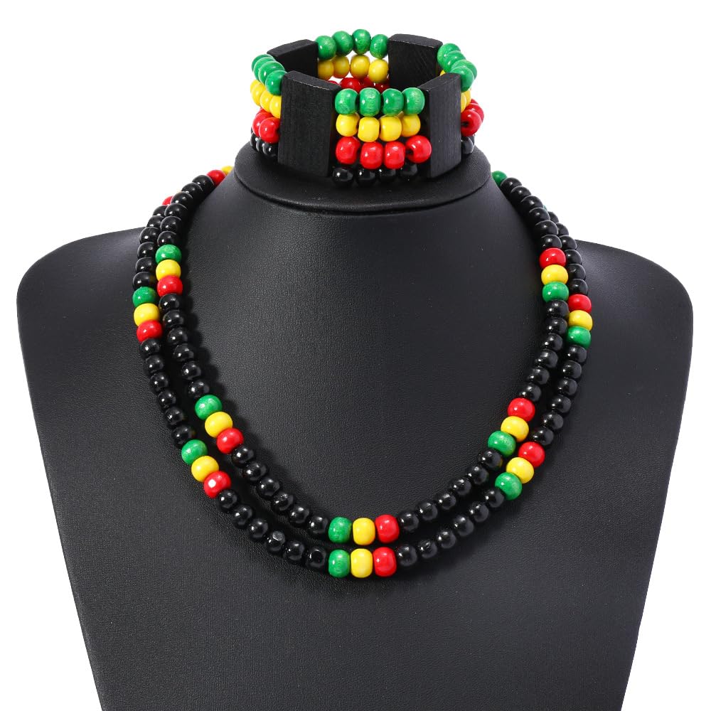 MALOYANVE 6 Pcs Juneteenth African Jewelry Set for Women Jamaican Wood Rasta Beaded Necklace and Bracelet Black History Month Dangle Earrings Jamaican Outfit Rastafari Pride Accessories