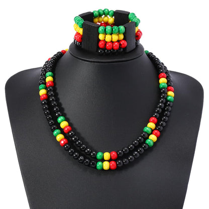MALOYANVE 6 Pcs Juneteenth African Jewelry Set for Women Jamaican Wood Rasta Beaded Necklace and Bracelet Black History Month Dangle Earrings Jamaican Outfit Rastafari Pride Accessories