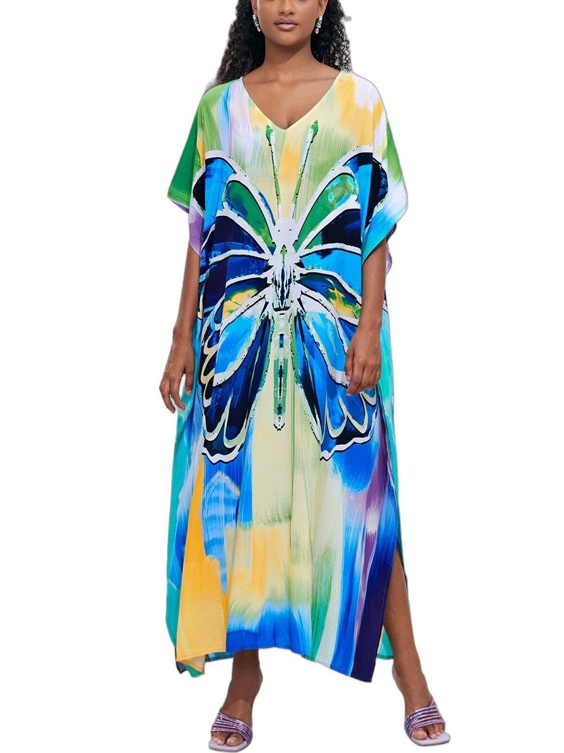 KECVOT Kaftan Dresses for Women V-Neck Print Swimsuit Cover Up Plus Size Beach Caftan Lounge Dress