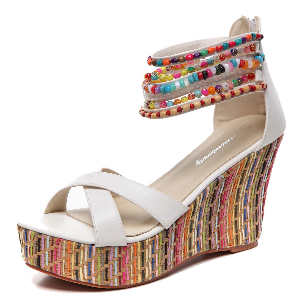 getmorebeauty Women's Wedge Sandals With Pearls Across The Top Platform Sandals High Heels