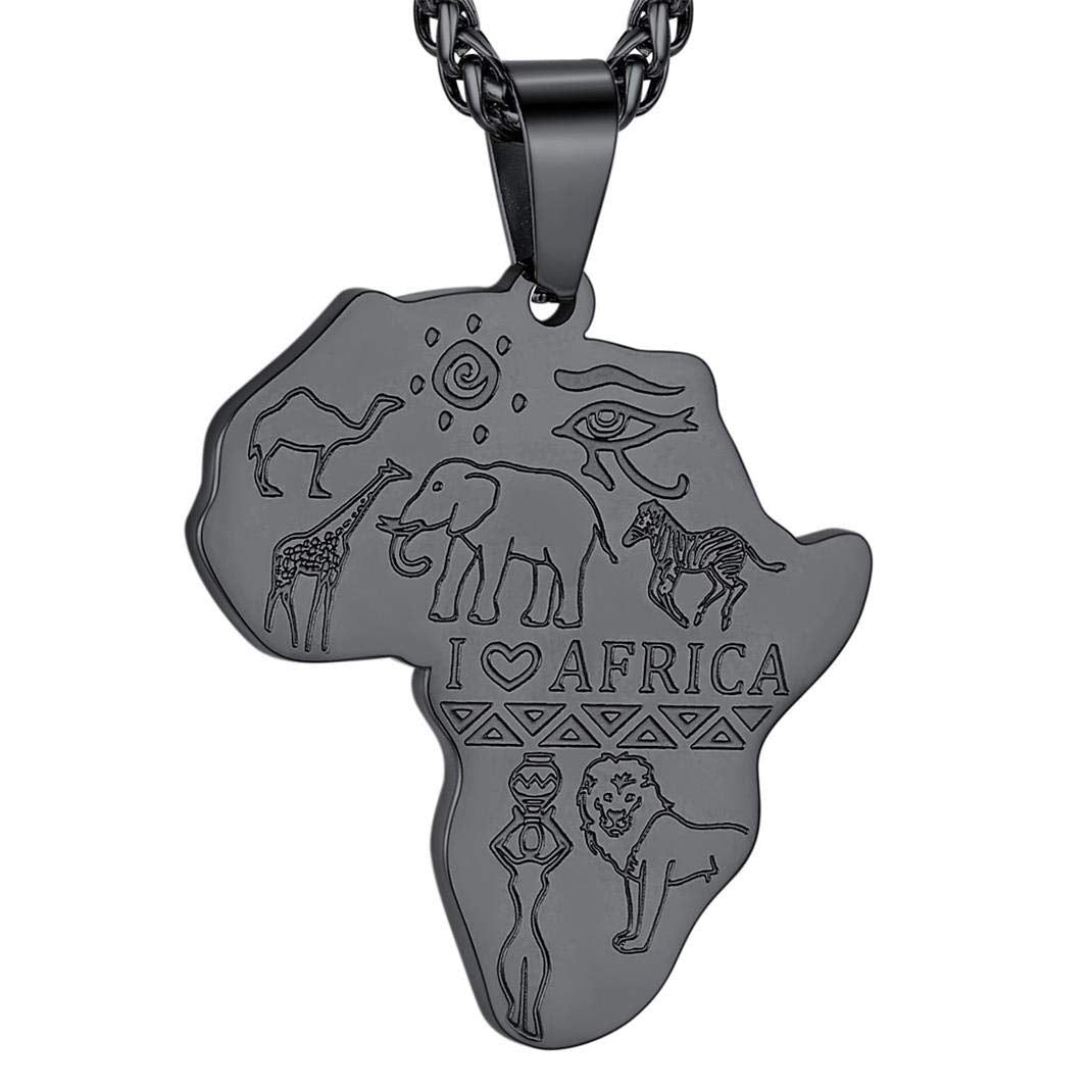 GOLDCHIC JEWELRY Africa Map Necklace for Men, Stainless Steel African Tribal/Egyptian Eye of Horus/I LOVE AFRICA/Elephant Map Hiphop Jewelry Unisex with 22'+2'Adjustable Chain