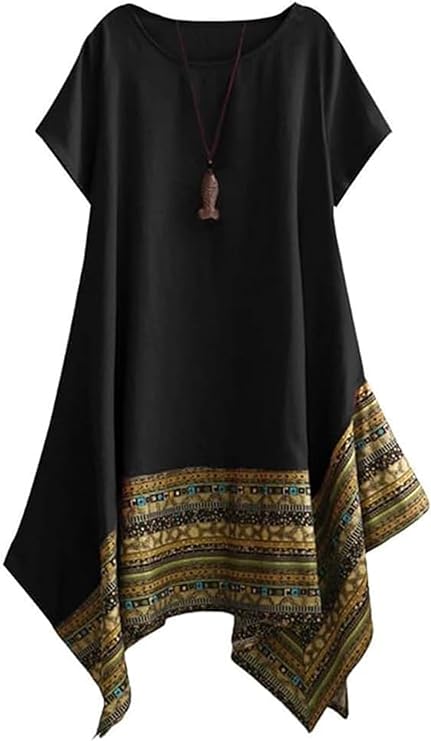 Minibee Women's Ethnic Cotton Linen Short/Long Sleeves Irregular Dress