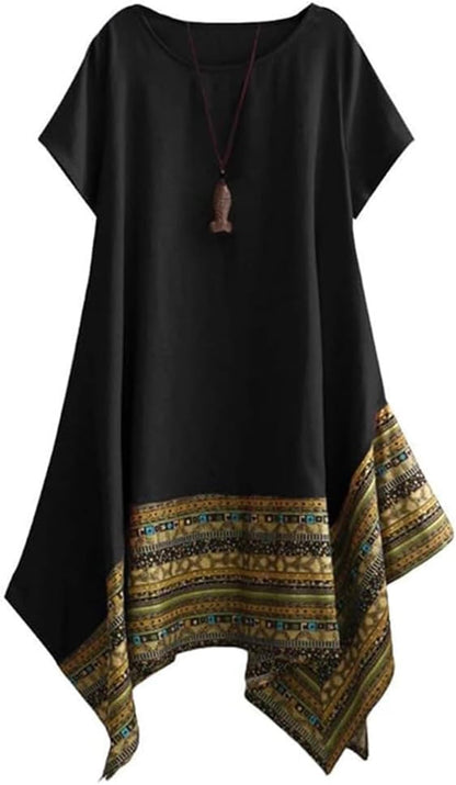 Minibee Women's Ethnic Cotton Linen Short/Long Sleeves Irregular Dress