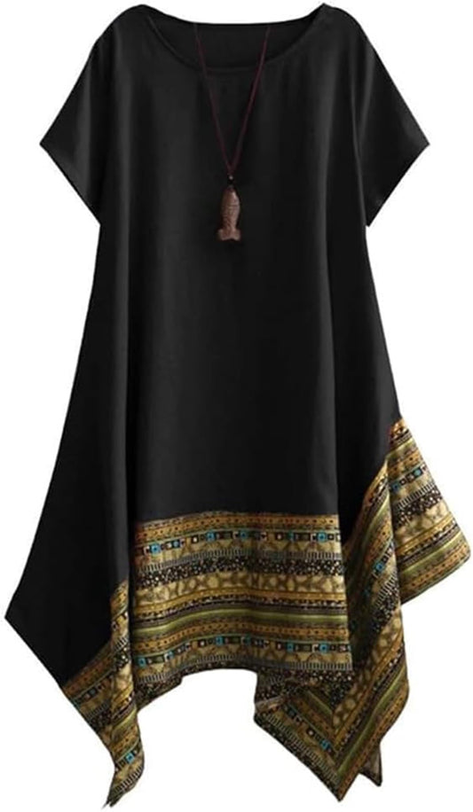 Minibee Women's Ethnic Cotton Linen Short/Long Sleeves Irregular Dress