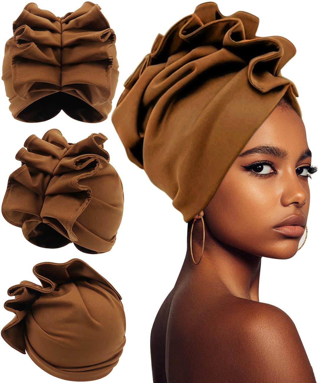 Babalet Stretch Turban Hats for Women, African Double-Layered Headwraps Soft Pre Tied Pleated Ruffled Hat