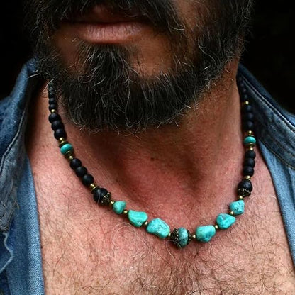 Beaded Necklace for Men,Handmade Men Turquoise Beaded Choker,Natural Wood Bead Necklaces Africa Wooden Chain Statement Unisex Strand Necklaces Hip Hop Beach Jewelry
