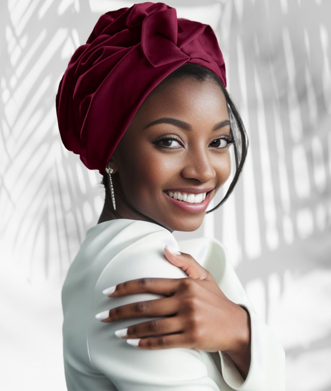 Babalet Stretch Turban Hats for Women, African Double-Layered Headwraps Soft Pre Tied Pleated Ruffled Hat