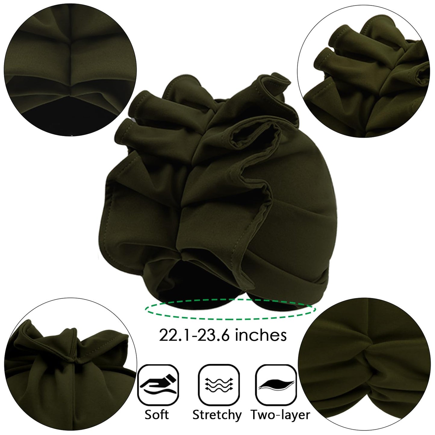 Babalet Stretch Turban Hats for Women, African Double-Layered Headwraps Soft Pre Tied Pleated Ruffled Hat