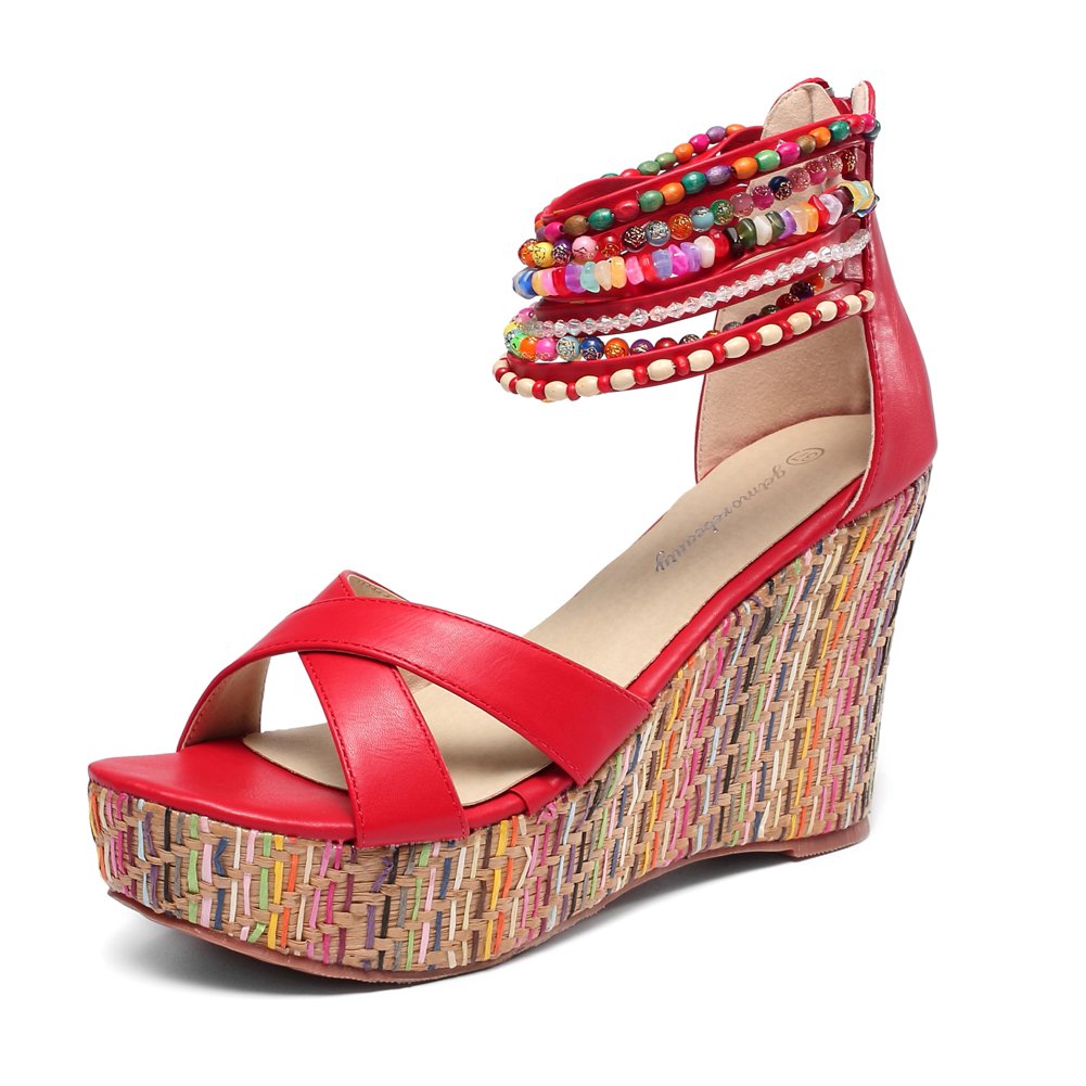 getmorebeauty Women's Wedge Sandals With Pearls Across The Top Platform Sandals High Heels