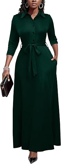 Runwind Women Church Maxi Dresses 3/4 Sleeve Button Down Print Casual Office Dress African