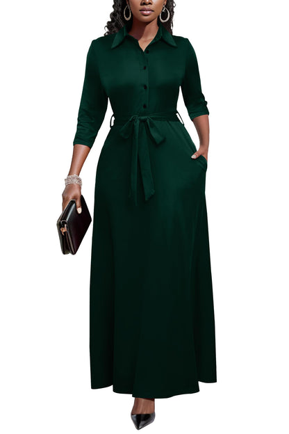 Runwind Women Church Maxi Dresses 3/4 Sleeve Button Down Print Casual Office Dress African