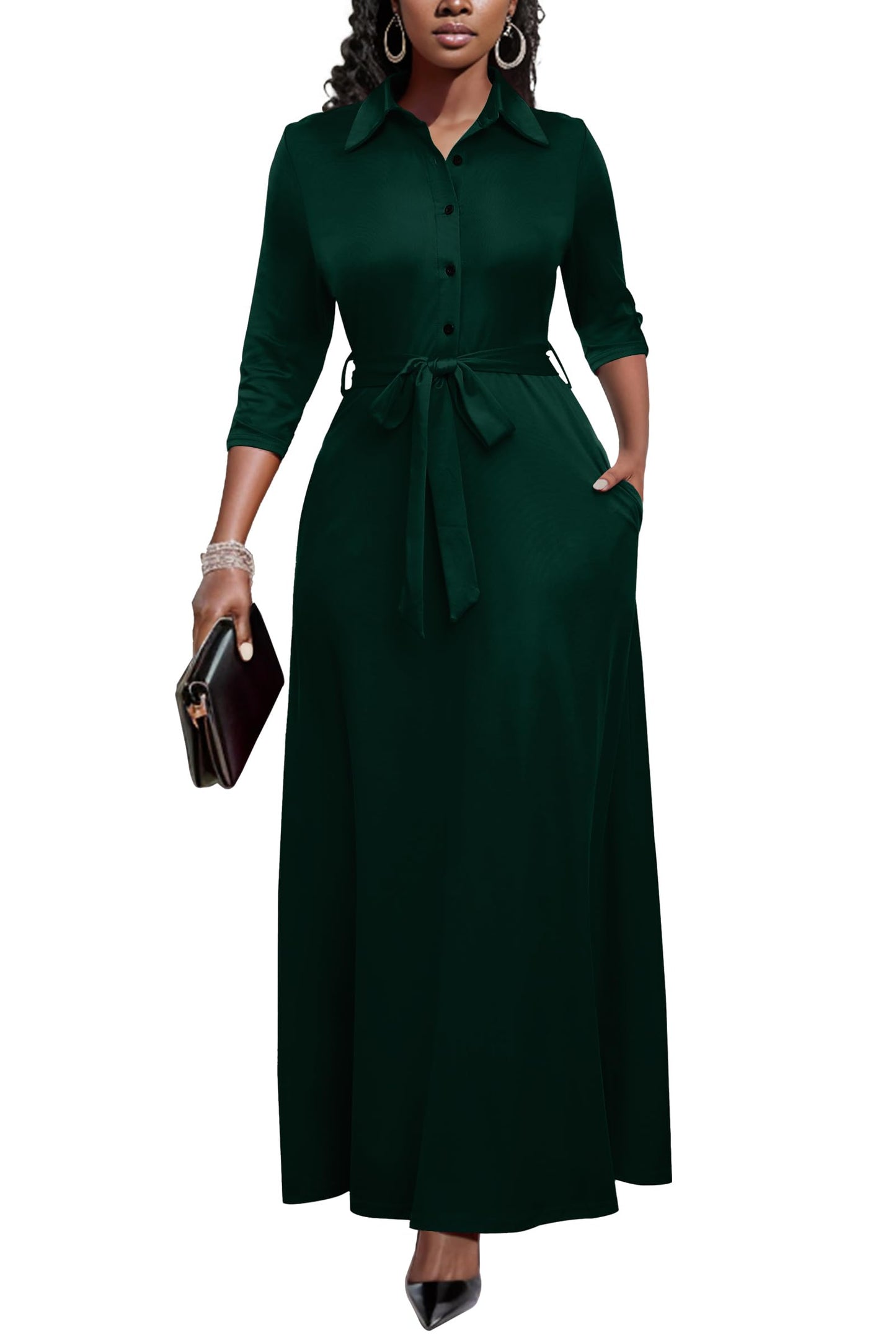Runwind Women Church Maxi Dresses 3/4 Sleeve Button Down Print Casual Office Dress African