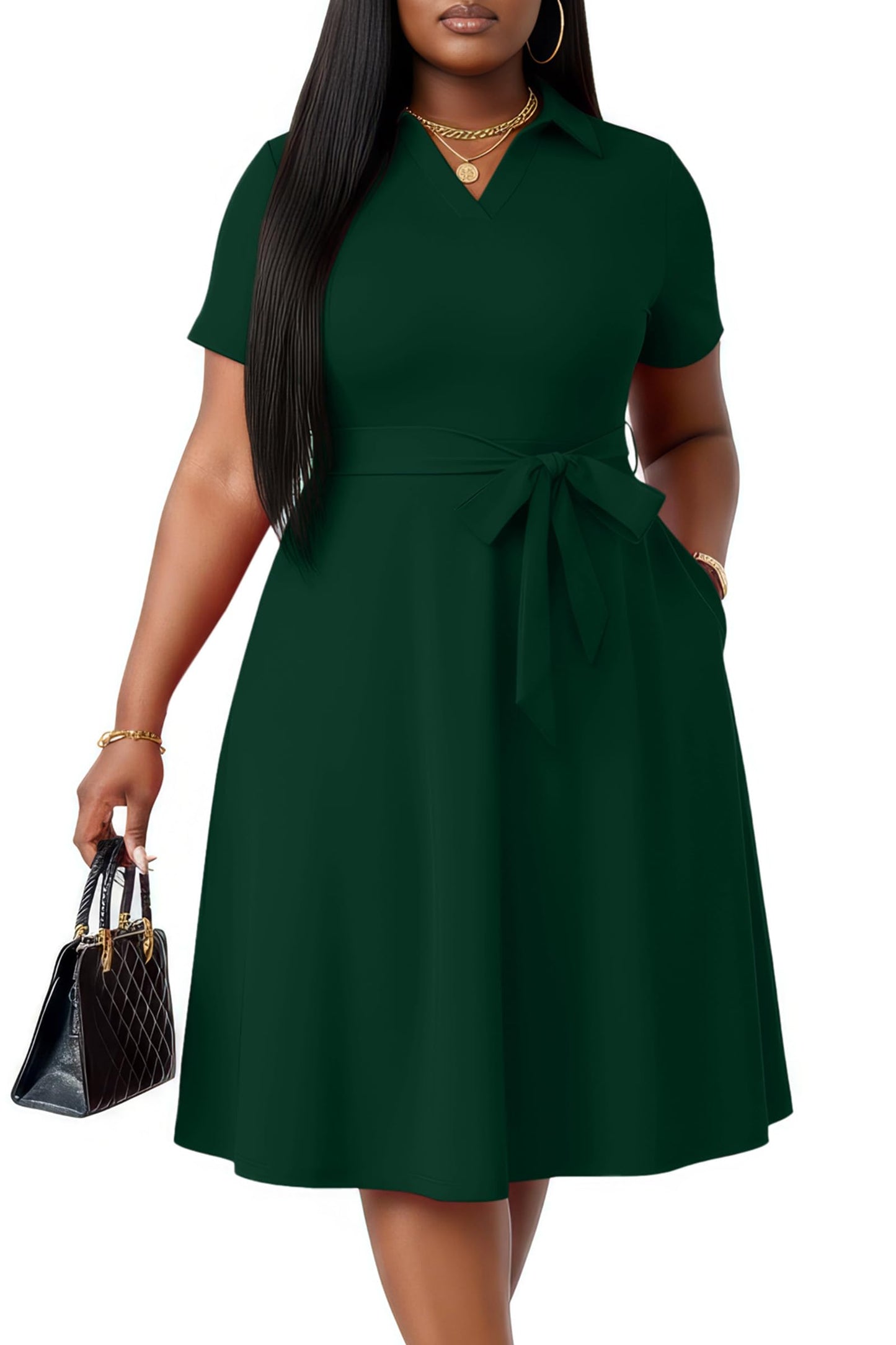 FANDEE Plus Size Dresses, Women Summer Casual V Neck Short Sleeve A-Line Work Cocktail Shirt Midi Dress with Belt and Pockets