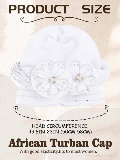 Woeoe Beanie Cap Head Wrap Black Rhinestones Head Scarf Flower Pearls Twisted Head Turban for Women Girls