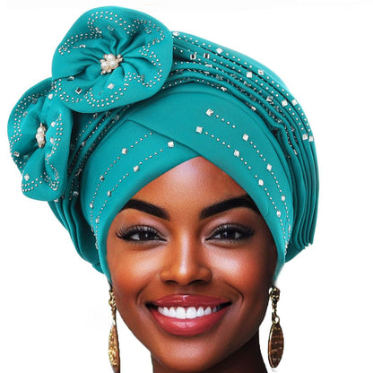 Woeoe Beanie Cap Head Wrap Black Rhinestones Head Scarf Flower Pearls Twisted Head Turban for Women Girls