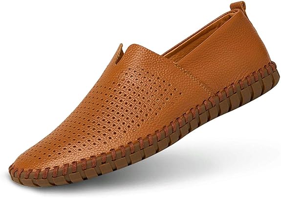 Men's Genuine Leather Loafer Shoes Slip On Soft Walking Shoes Perforated Driving Shoes