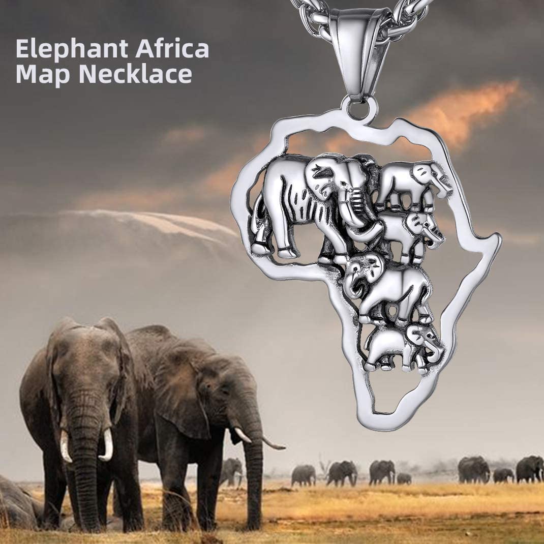 GOLDCHIC JEWELRY Africa Map Necklace for Men, Stainless Steel African Tribal/Egyptian Eye of Horus/I LOVE AFRICA/Elephant Map Hiphop Jewelry Unisex with 22'+2'Adjustable Chain