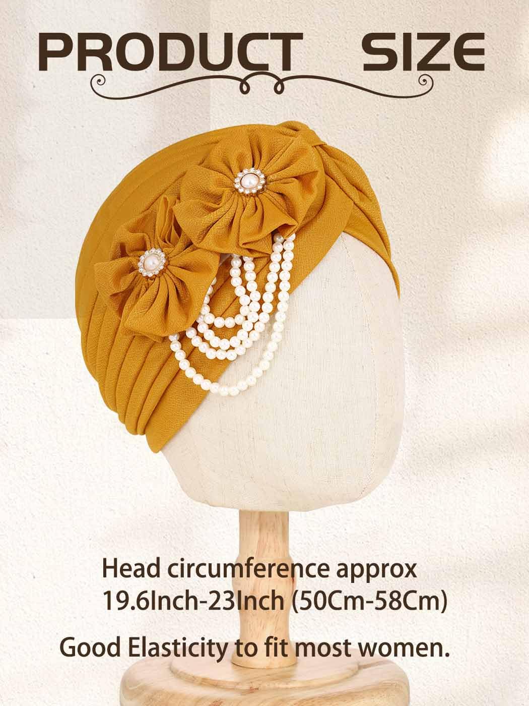 Woeoe Pearl Flower African Hats Pre-Tied Turbans Stretchy Twisted Church Wedding Head Wraps for Women