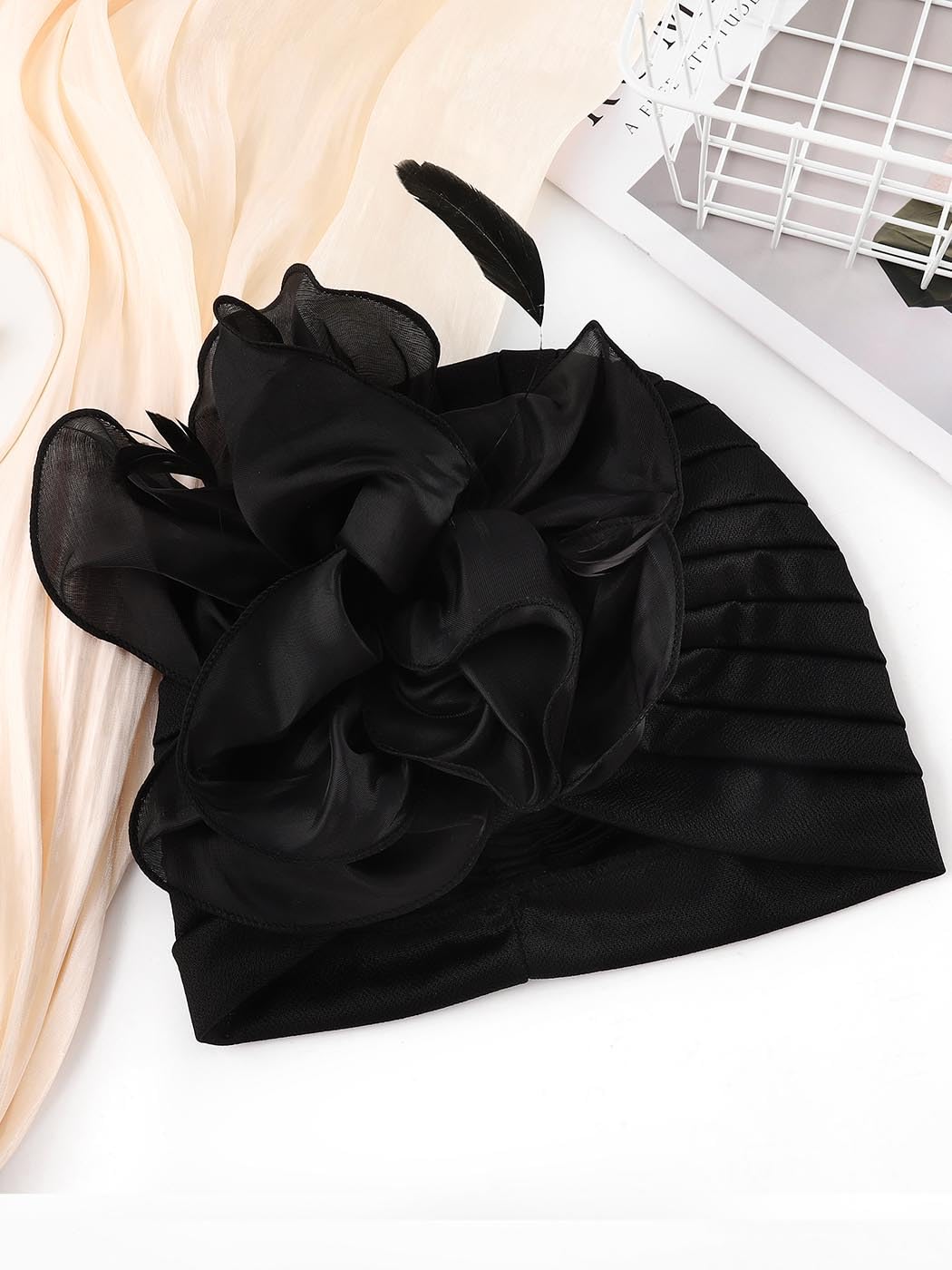 Woeoe Flower Turban Cap 20s Feather Fascinator Headwrap for Women