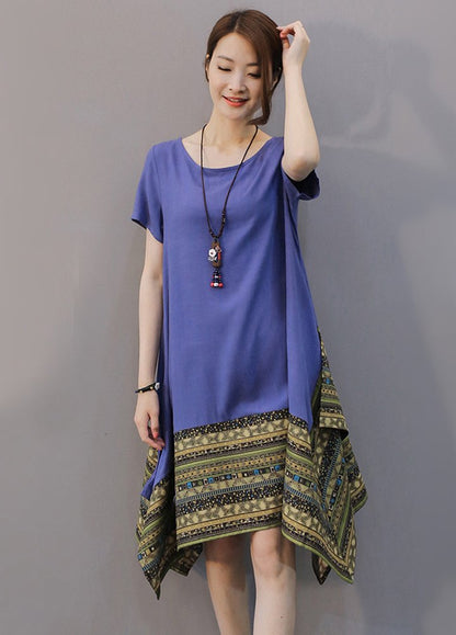 Minibee Women's Ethnic Cotton Linen Short/Long Sleeves Irregular Dress