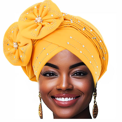 Woeoe Beanie Cap Head Wrap Black Rhinestones Head Scarf Flower Pearls Twisted Head Turban for Women Girls