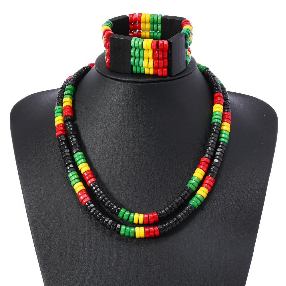 MALOYANVE 6 Pcs Juneteenth African Jewelry Set for Women Jamaican Wood Rasta Beaded Necklace and Bracelet Black History Month Dangle Earrings Jamaican Outfit Rastafari Pride Accessories