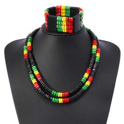 MALOYANVE 6 Pcs Juneteenth African Jewelry Set for Women Jamaican Wood Rasta Beaded Necklace and Bracelet Black History Month Dangle Earrings Jamaican Outfit Rastafari Pride Accessories