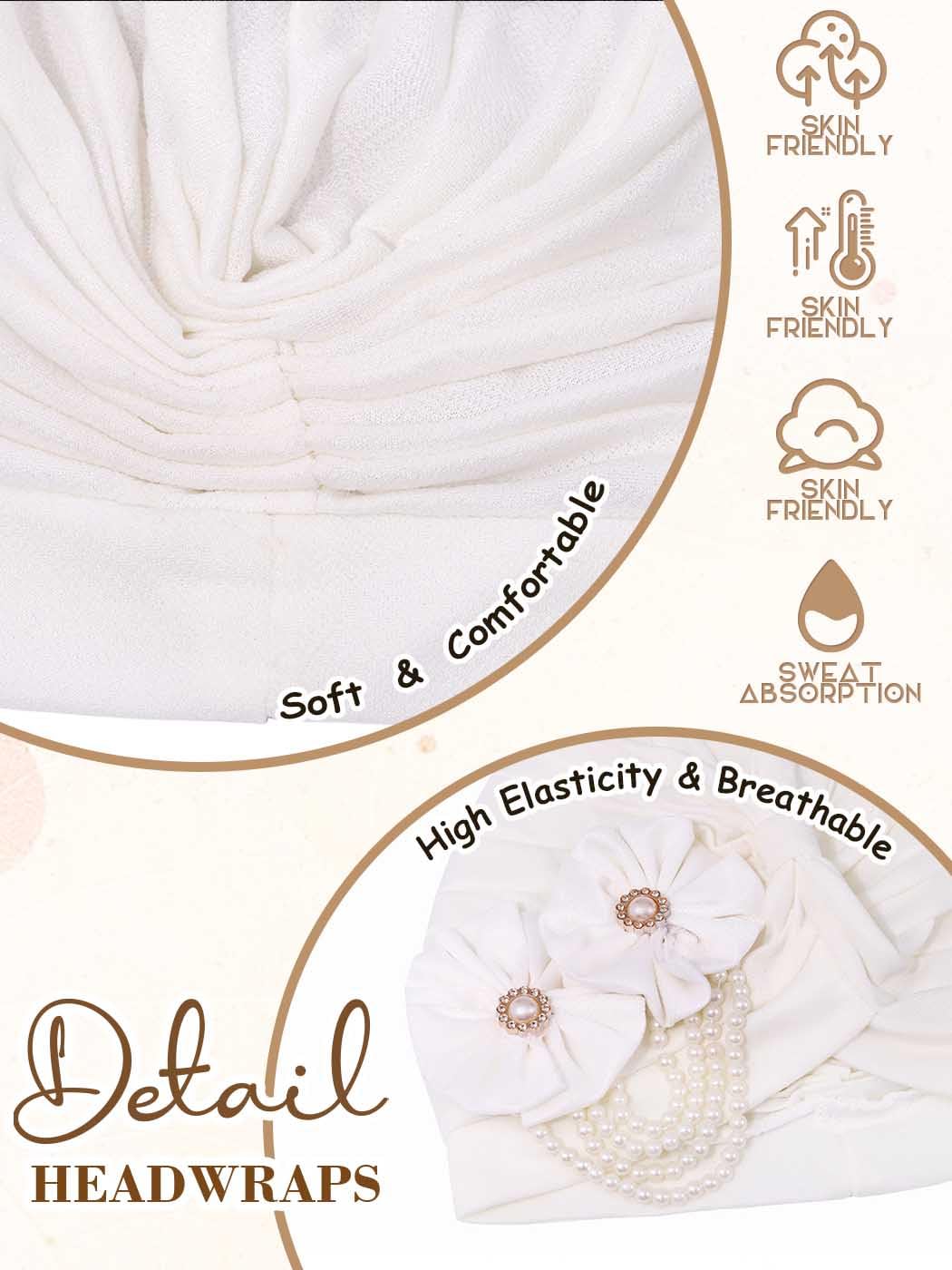 Woeoe Pearl Flower African Hats Pre-Tied Turbans Stretchy Twisted Church Wedding Head Wraps for Women