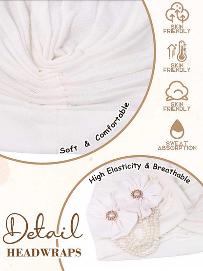 Woeoe Pearl Flower African Hats Pre-Tied Turbans Stretchy Twisted Church Wedding Head Wraps for Women