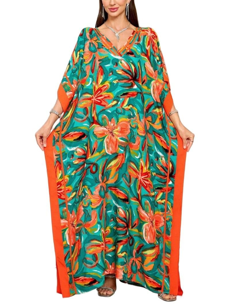 KECVOT Kaftan Dresses for Women V-Neck Print Swimsuit Cover Up Plus Size Beach Caftan Lounge Dress