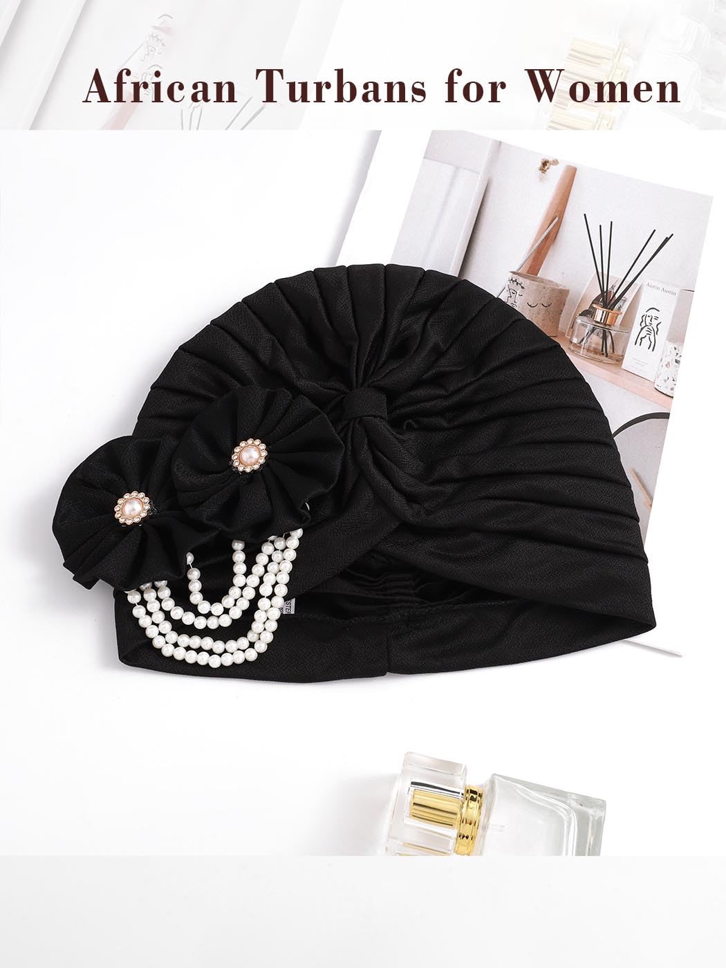 Woeoe Pearl Flower African Hats Pre-Tied Turbans Stretchy Twisted Church Wedding Head Wraps for Women