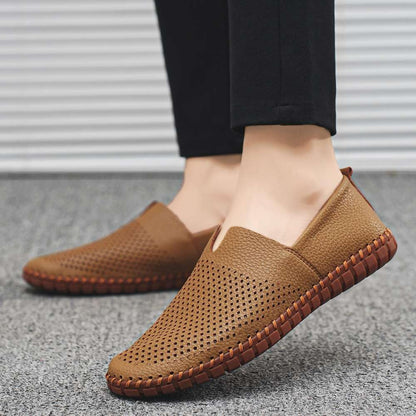 Men's Genuine Leather Loafer Shoes Slip On Soft Walking Shoes Perforated Driving Shoes