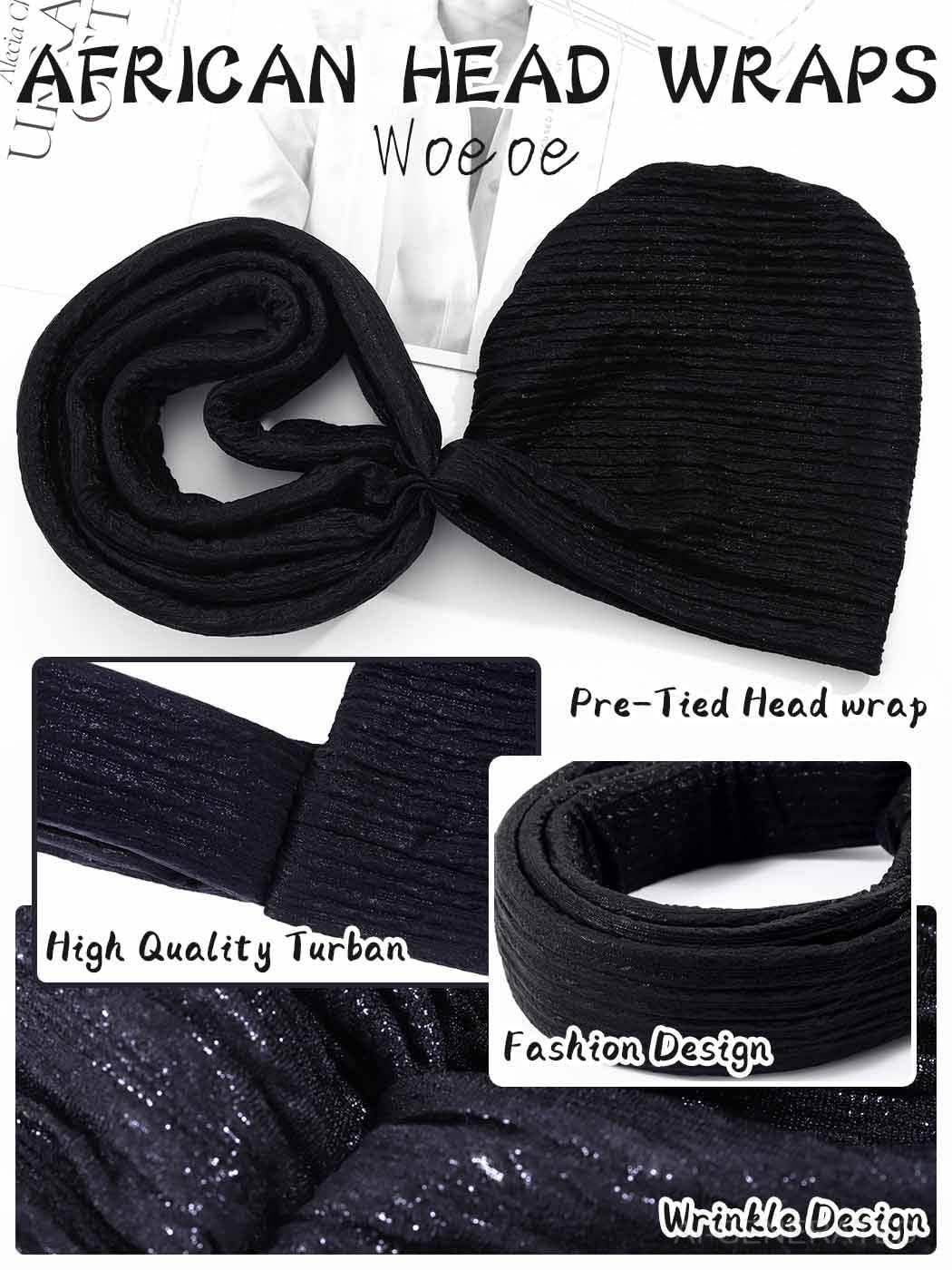 Woeoe African Head Wraps for Black Women Gold Pre Tied Headdress Wedding Turban Hats
