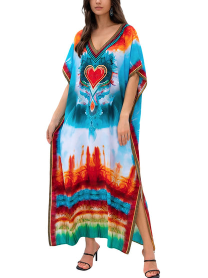 KECVOT Kaftan Dresses for Women V-Neck Print Swimsuit Cover Up Plus Size Beach Caftan Lounge Dress