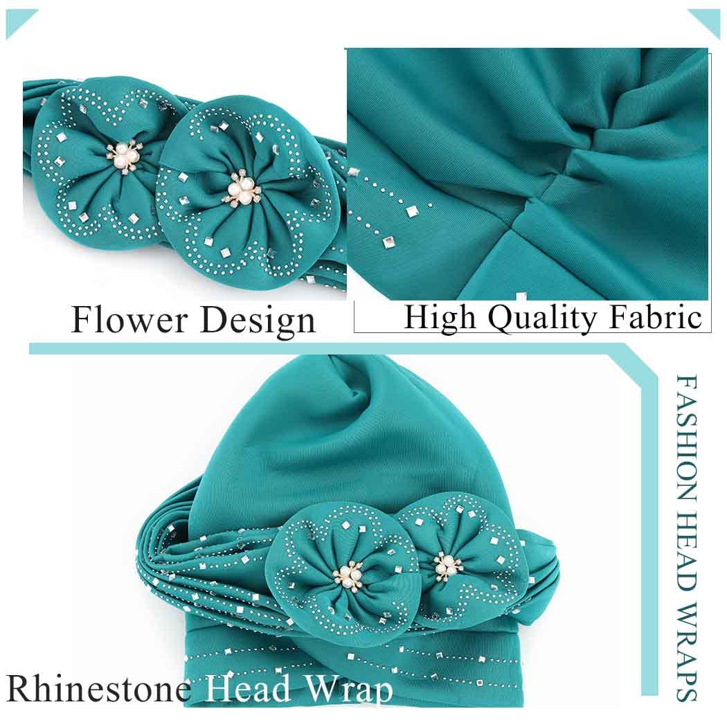 Woeoe Beanie Cap Head Wrap Black Rhinestones Head Scarf Flower Pearls Twisted Head Turban for Women Girls