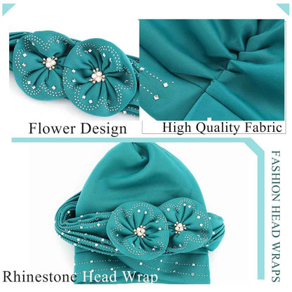 Woeoe Beanie Cap Head Wrap Black Rhinestones Head Scarf Flower Pearls Twisted Head Turban for Women Girls