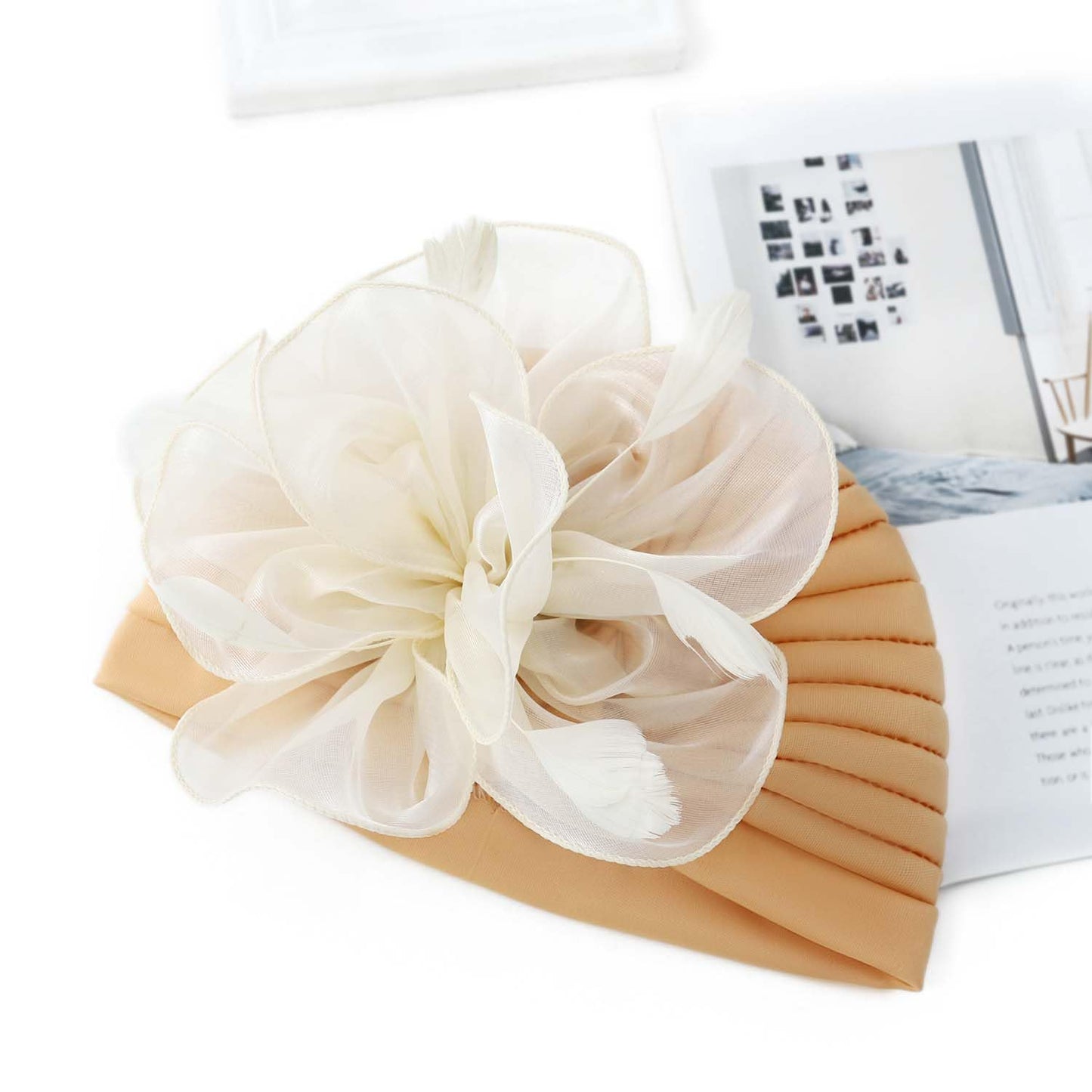Woeoe Flower Turban Cap 20s Feather Fascinator Headwrap for Women