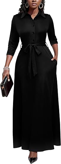 Runwind Women Church Maxi Dresses 3/4 Sleeve Button Down Print Casual Office Dress African