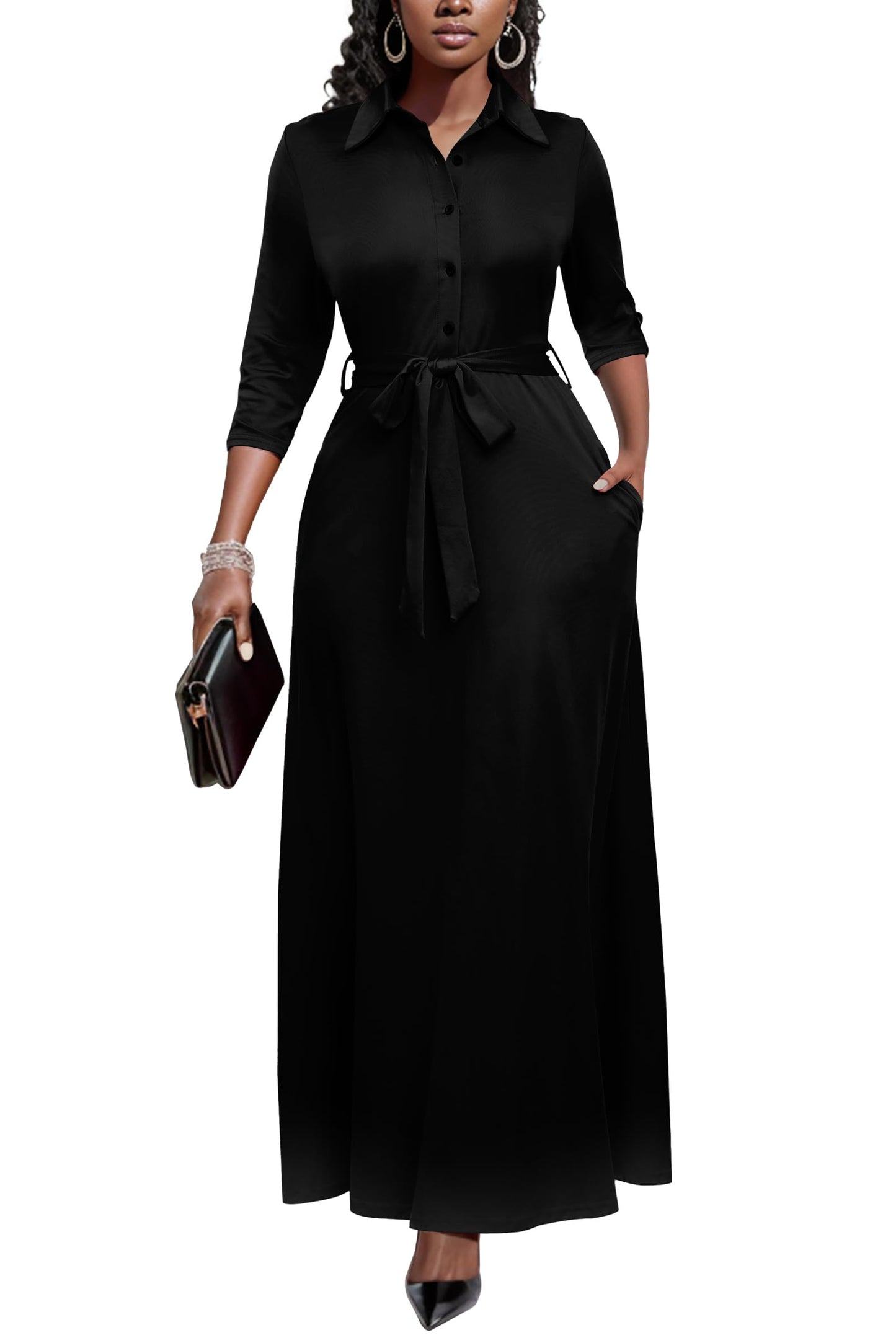 Runwind Women Church Maxi Dresses 3/4 Sleeve Button Down Print Casual Office Dress African