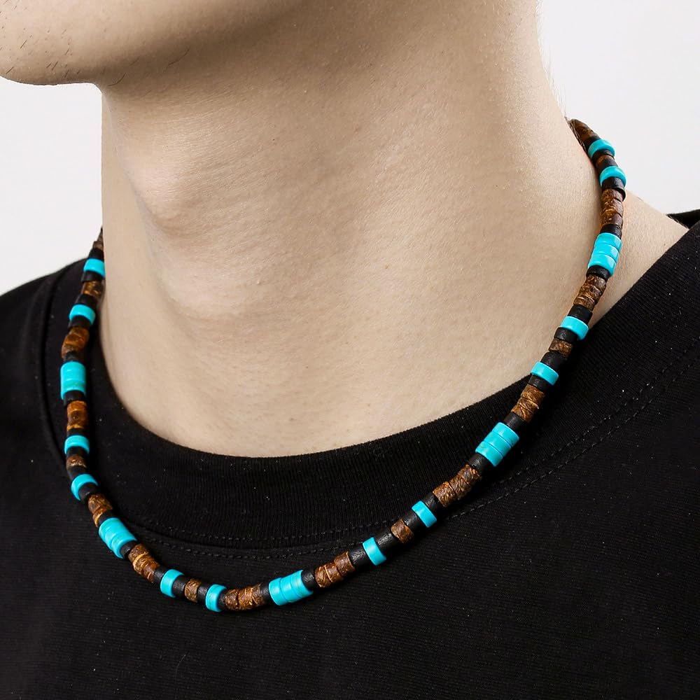 Beaded Necklace for Men,Handmade Men Turquoise Beaded Choker,Natural Wood Bead Necklaces Africa Wooden Chain Statement Unisex Strand Necklaces Hip Hop Beach Jewelry