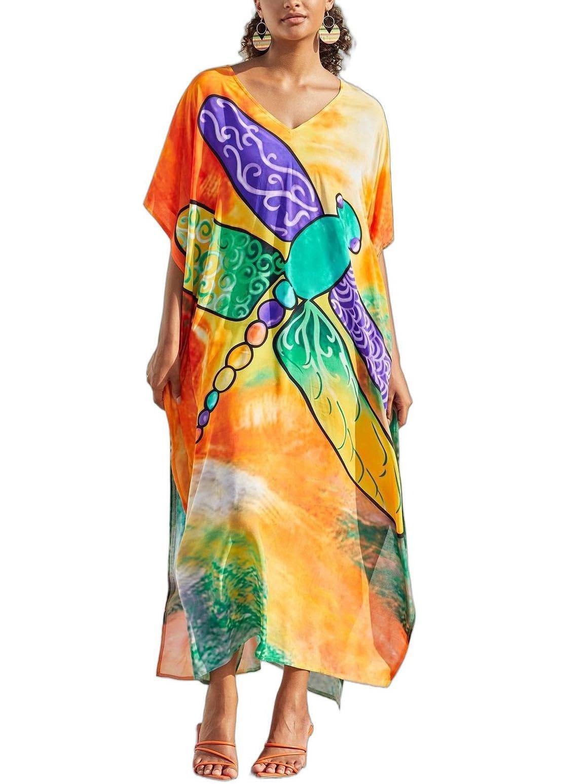 KECVOT Kaftan Dresses for Women V-Neck Print Swimsuit Cover Up Plus Size Beach Caftan Lounge Dress