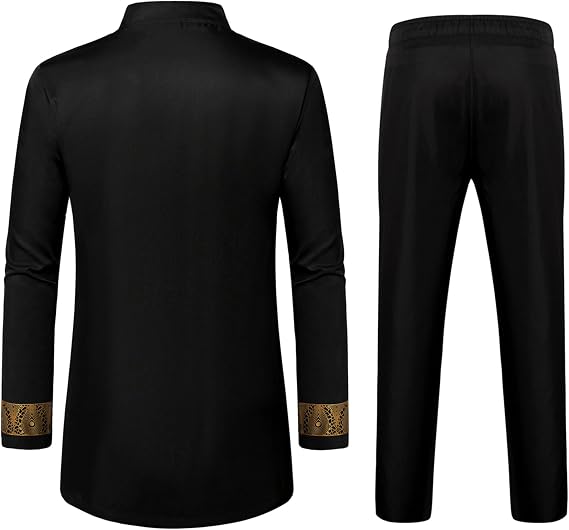 LucMatton Men's 2 Piece Outfits Long Sleeve Button Down African Dashiki Shirts and Pants Set Traditional Ethnic Suits