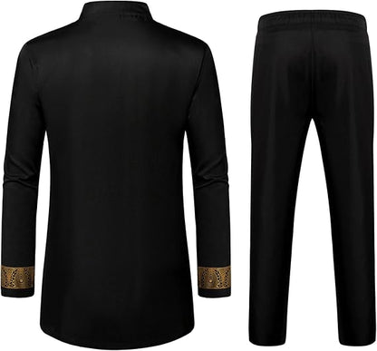 LucMatton Men's 2 Piece Outfits Long Sleeve Button Down African Dashiki Shirts and Pants Set Traditional Ethnic Suits
